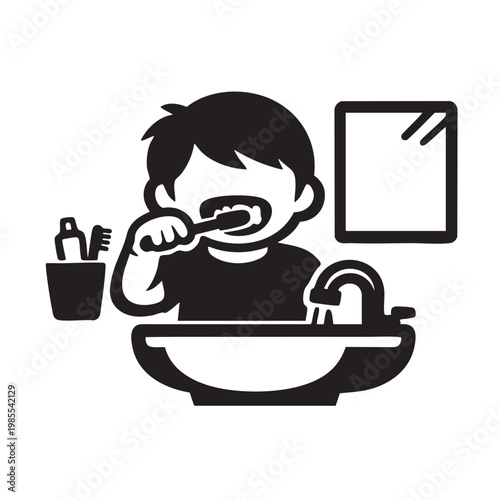 Little Boy Brushing Teeth in Bathroom Sink Dental Hygiene Illustration