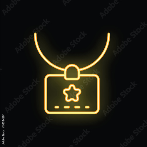 Neon yellow icon of a vip backstage pass hanging on a lanyard, isolated on a black background