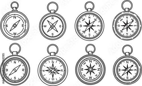 Illustrations of various antique compass designs from different historical periods Vector