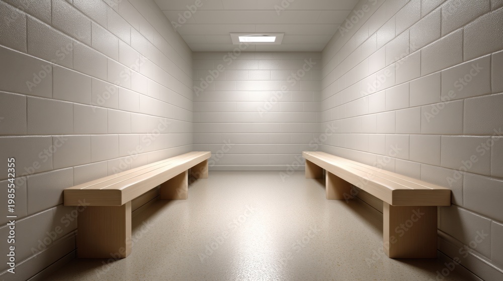 Fototapeta premium Empty minimalistic interior design of a stark hallway with simple wooden benches and smooth walls, highlighting modern architectural space without distractions.