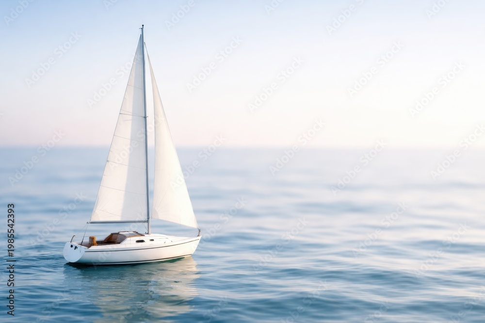 Fototapeta premium Serene white sailboat glides across calm blue ocean waters under a clear sky