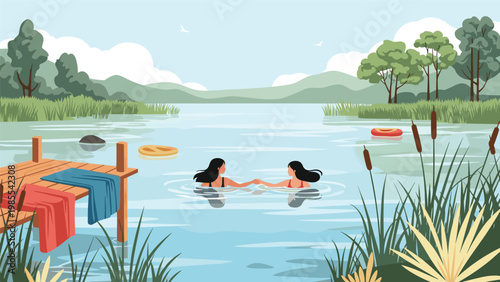 Two women enjoy a relaxing swim in a serene lake during a sunny summer day while staying close to a rustic wooden pier.