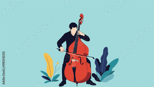 Talented musician wearing a dark suit plays a large double bass with a bow against a simple light blue background for performance.