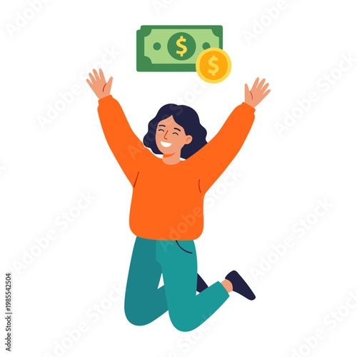 A woman jumps up excitedly throwing her arms up with money floating above her.