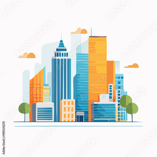 Modern Cityscape Illustration with Tall Buildings and Green Trees