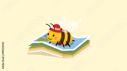 Cute little bee wearing a small red hat sits on top of a folded colorful map under sparkling stars in a playful illustration.