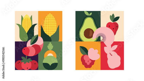 Vibrant grid composition displays various stylized fruits and vegetables including corn, avocado, strawberries, and tomatoes for design.
