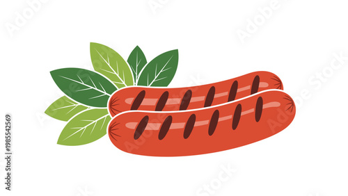 Two delicious grilled sausages with char marks are presented with green bay leaves on a white background for a food illustration.