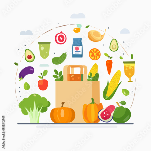 Vibrant healthy produce and groceries spill from a shopping bag, illustrating a nutritious and balanced diet