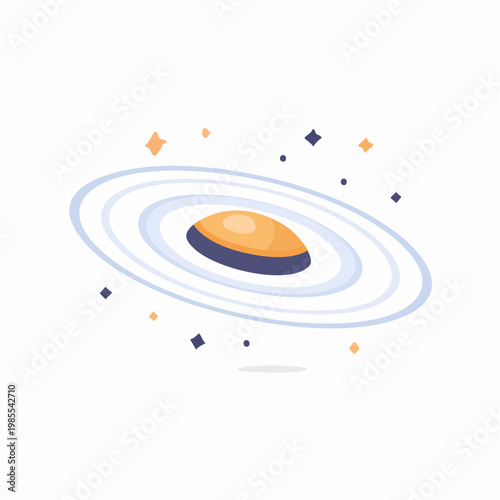 Stylized flat design illustration depicting a spiral galaxy or ringed celestial body with orbiting stars in the vast universe