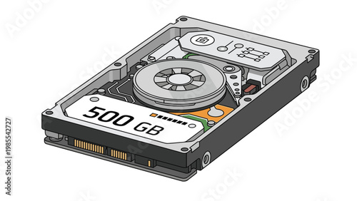 Detailed isometric illustration reveals the inner components of a computer hard drive with the label showing five hundred gigabytes.