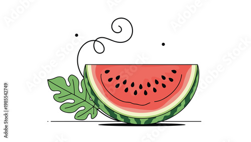 Fresh slice of red watermelon with black seeds and a green rind is shown with a single leaf in a clean graphic illustration.