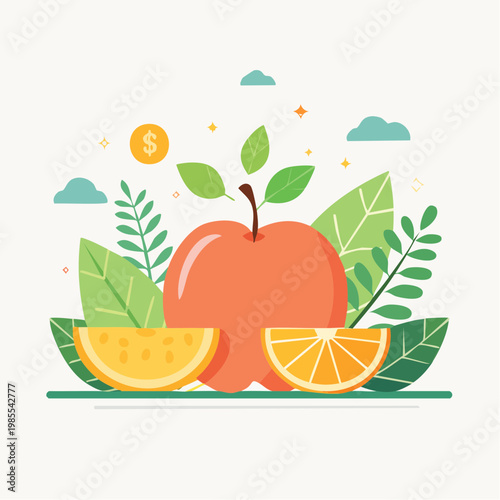 Fresh Fruit Salad and Healthy Lifestyle Concept with Nature Elements