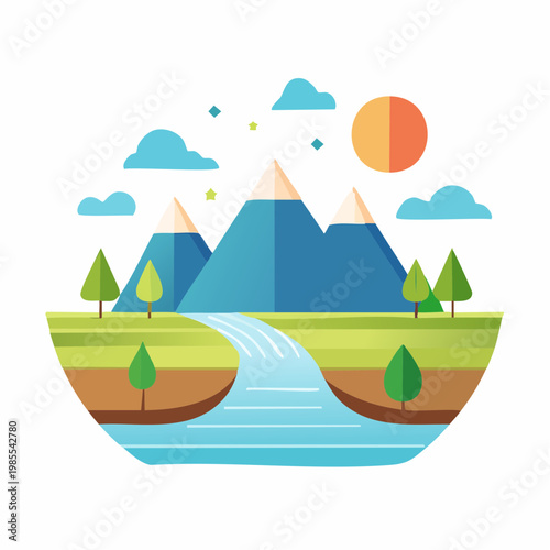 Flat design landscape illustration of mountains with a river flowing and trees under the sun and clouds