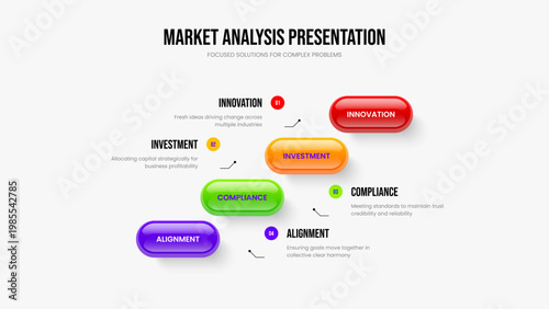 Enterprise Innovation 4 Step Diagram Frame Layout. Consulting Strategy Four Element Infographic Slide Template. Business Forecast Slideshow Design Vector Illustration.