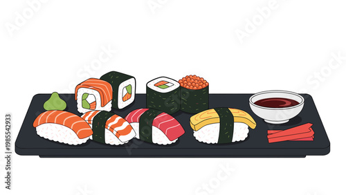 Assorted sushi rolls and nigiri are beautifully arranged on a black serving platter with soy sauce, wasabi, and pickled ginger.