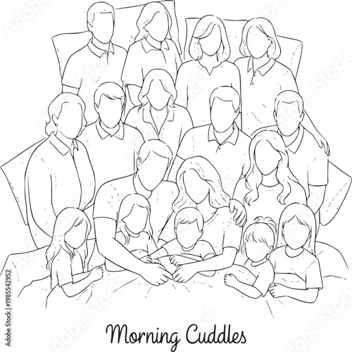 Family morning cuddles illustration in cozy home setting with warm bonding atmosphere