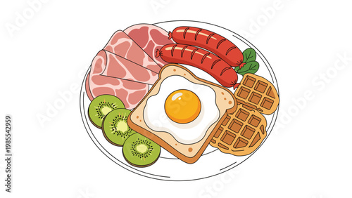 Delicious breakfast plate contains a fried egg on toast, grilled sausages, sliced ham, waffles, and fresh kiwi slices for a meal.