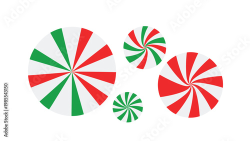 A charming collection of four round candies, each adorned with a vibrant red and green spiral pattern, creating a festive and sweet visual.