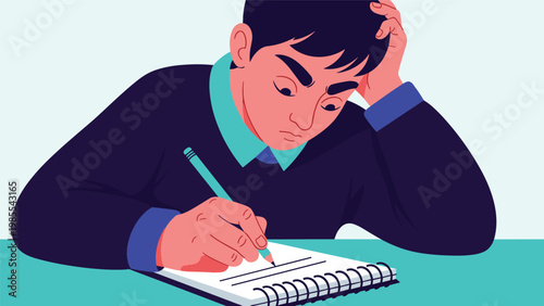 Young male student looking stressed and frustrated while writing in a notebook during a difficult homework assignment or exam.