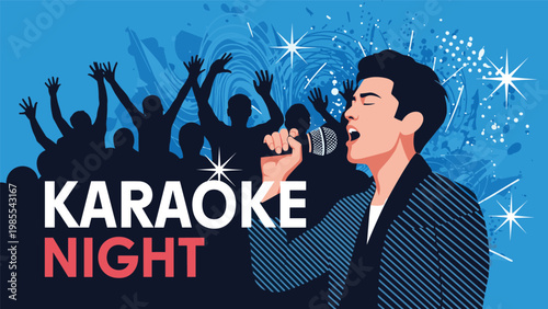 Talented man sings passionately into a microphone at a karaoke night while the silhouettes of a crowd cheer in the background.