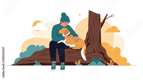 Happy person sitting on a massive fallen tree trunk in a beautiful sunset forest setting and affectionately hugging their dog.