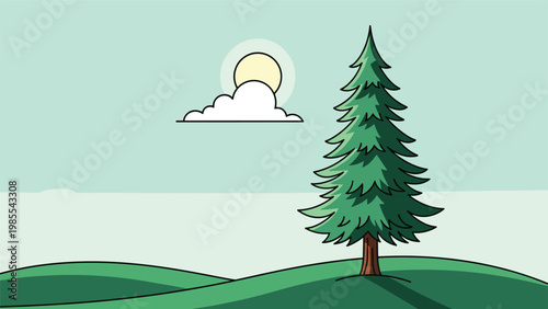 A picturesque flat design illustration of a vibrant pine tree situated on rolling green hills, bathed in sunlight under a fluffy cloud, depicting nature.