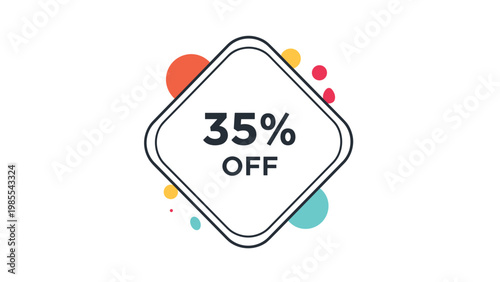 Eye-catching 35% off promotion tag displayed in a stylish diamond-shaped bubble with vibrant abstract design elements, ideal for sales and discounts.