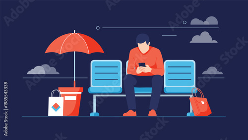 Young man sitting alone on a blue bench at a transit station while focused on using his mobile phone with luggage and an umbrella nearby.