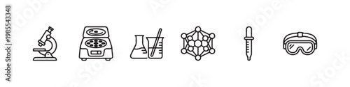 A set of minimalist line icons for scientific research, clinical laboratory testing, and chemical analysis.