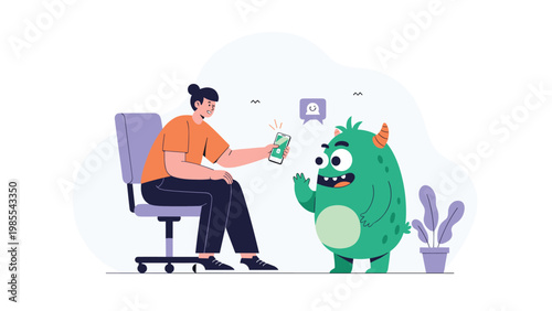 Woman sitting in an office chair and showing something on her mobile phone to a friendly green monster character in a playful setting.