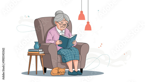 Elderly woman with gray hair and glasses sitting in a comfortable brown armchair while reading a book with a sleeping cat at her feet.