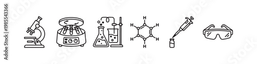 A set of minimalist line icons for scientific research, clinical laboratory testing, and chemical analysis.