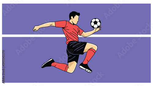 Skilled football player in a red jersey performing an impressive soccer ball juggle while jumping in the air against a purple background.