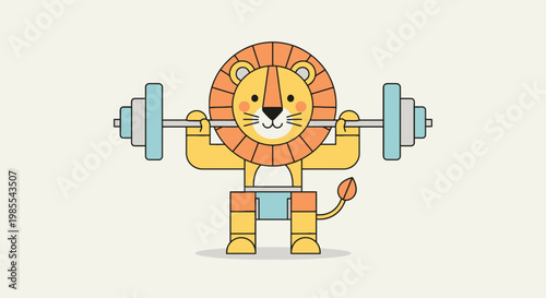 Cartoon weightlifting lion with orange mane doing barbell workout light yellow vector illustration for children's fitness themes