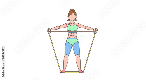 Cartoon woman doing resistance band workout for upper body strength vector illustration in pastel colors on white backdrop
