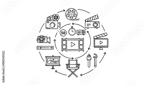 Film shooting and cinema silhouette icon vector set with camera projector player and movie symbols in bold solid style