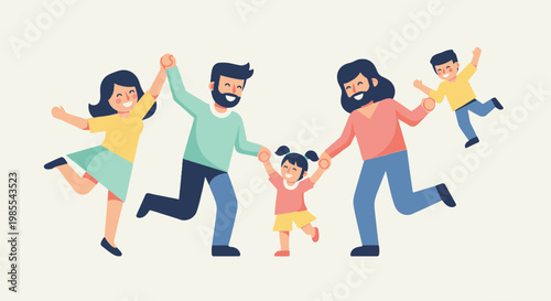 Cheerful family with two parents and children joyfully running holding hands in a flat vector cartoon illustration on a white background
