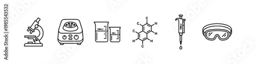A set of minimalist line icons for scientific research, clinical laboratory testing, and chemical analysis.