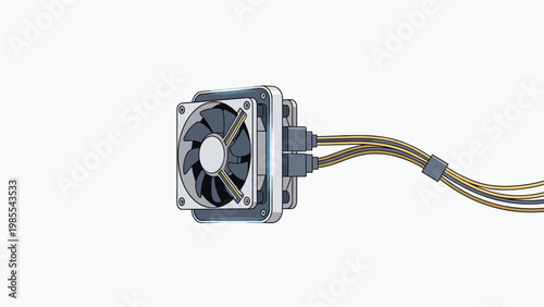 High-performance computer cooling fan unit with a black blade and multi-colored power cables on a clean white background.