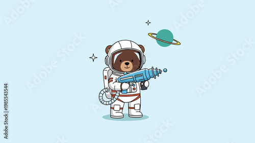 Cute brown bear character wearing a full astronaut space suit and holding a futuristic laser gun against a light blue background.