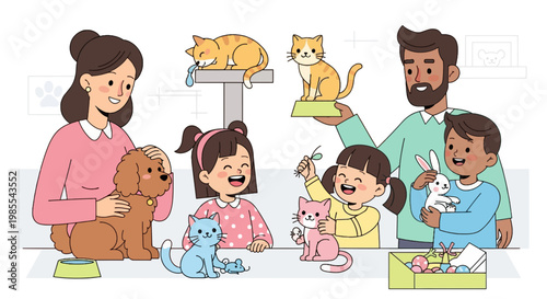 Cheerful family with kids playing with their pets in a cozy home interior vector illustration; happy and colorful drawing