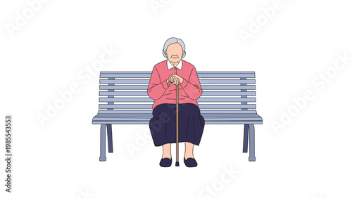 Lonely elderly woman with a white bun and pink cardigan sitting on a blue park bench while leaning on her wooden walking stick.