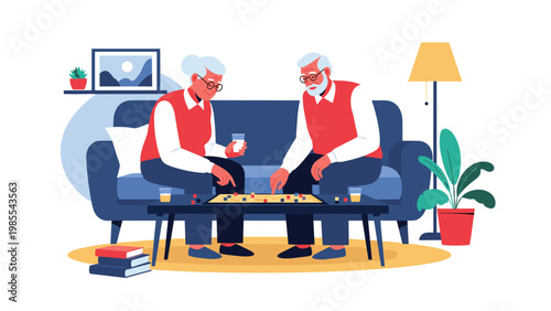 Happy elderly couple sitting together on a blue sofa and enjoying a strategic board game on a coffee table in their cozy living room.