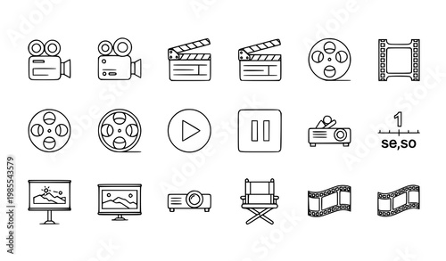 Minimal film and video production thin line icons vector set in circular layout with camera projector player and cinema symbols