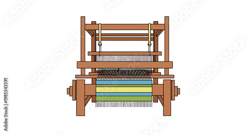 Colorful wooden loom weaving threads into patterned fabric; textile craft machine for making striped material on white