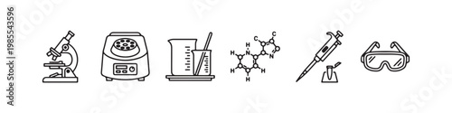 A set of minimalist line icons for scientific research, clinical laboratory testing, and chemical analysis.