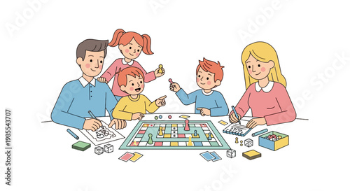 Family playing board game together at table vector illustration in cartoon style with parents and children having fun at home