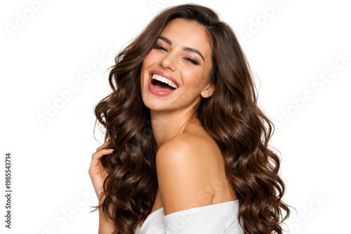 Glamorous laughing woman portrait, long wavy brunette hair and bright smile, beauty and skincare lifestyle photo isolated on Transparent Background