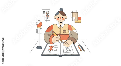 Fashion designer sketching dress design in studio with mannequin fabric swatches and drawing supplies vector illustration